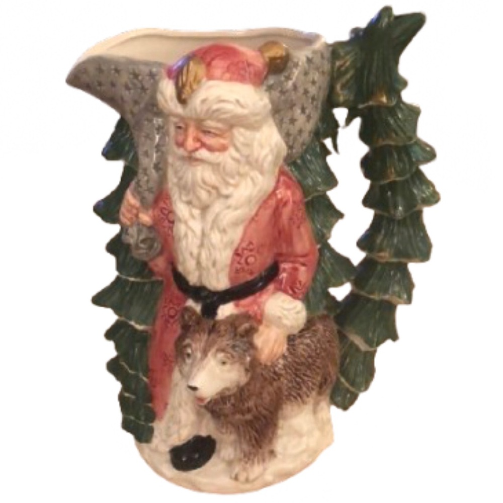 SANTA WITH BEAR & BAG OF TOYS IN FOREST • 2 QT PITCHER • HAND PAINTED • VTG 1990